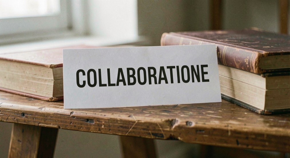 Etichetta di carta con la parola collaborazione stampata in maiuscolo appoggiata su un banco di legno accanto a un libro chiuso