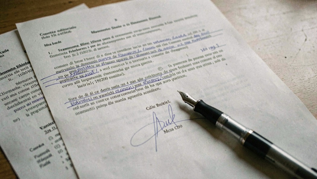 Contratto editoriale stampato su più pagine con sottolineature a matita e una penna stilografica appoggiata sulla firma in attesa