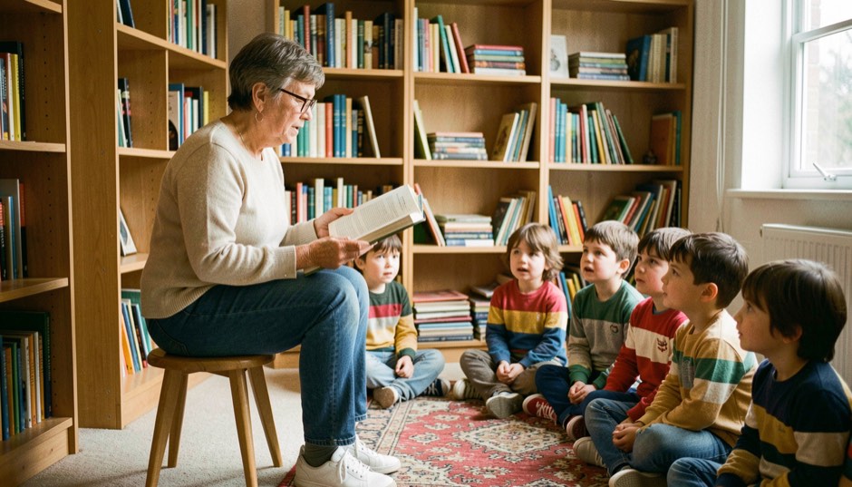 Libraia adulta con gli occhiali, seduta su uno sgabello basso, legge ad alta voce a bambini seduti su un tappeto tra scaffali di legno, vista di lato