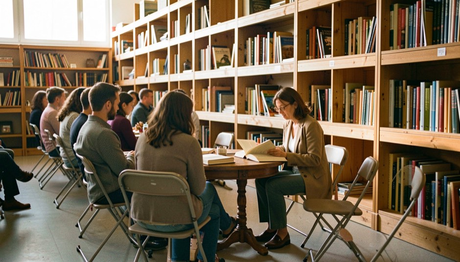 Piccolo pubblico seduto su sedie pieghevoli tra alti scaffali di legno mentre un’autrice legge da un libro aperto a un tavolino, luce calda da una finestra