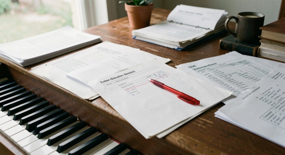 Piano di lavoro con programmi stampati di una redazione, penna rossa per le correzioni e fogli di bozze annotati a margine