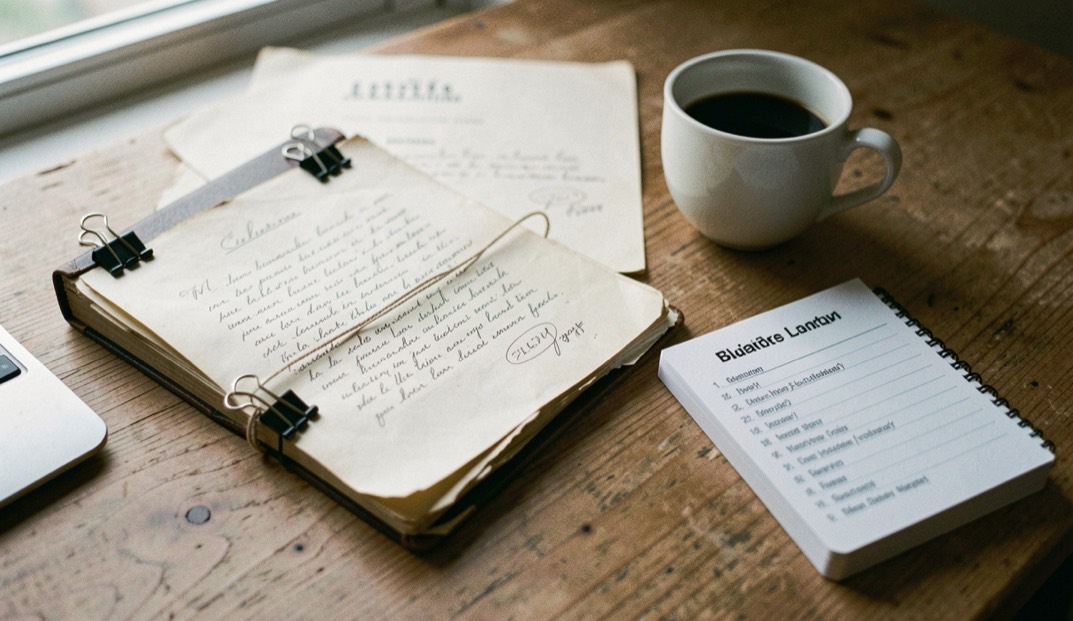 Scrivania con un manoscritto rilegato con clip, una lettera stampata e una tazza di caffè, accanto a un blocco per appunti con elenco