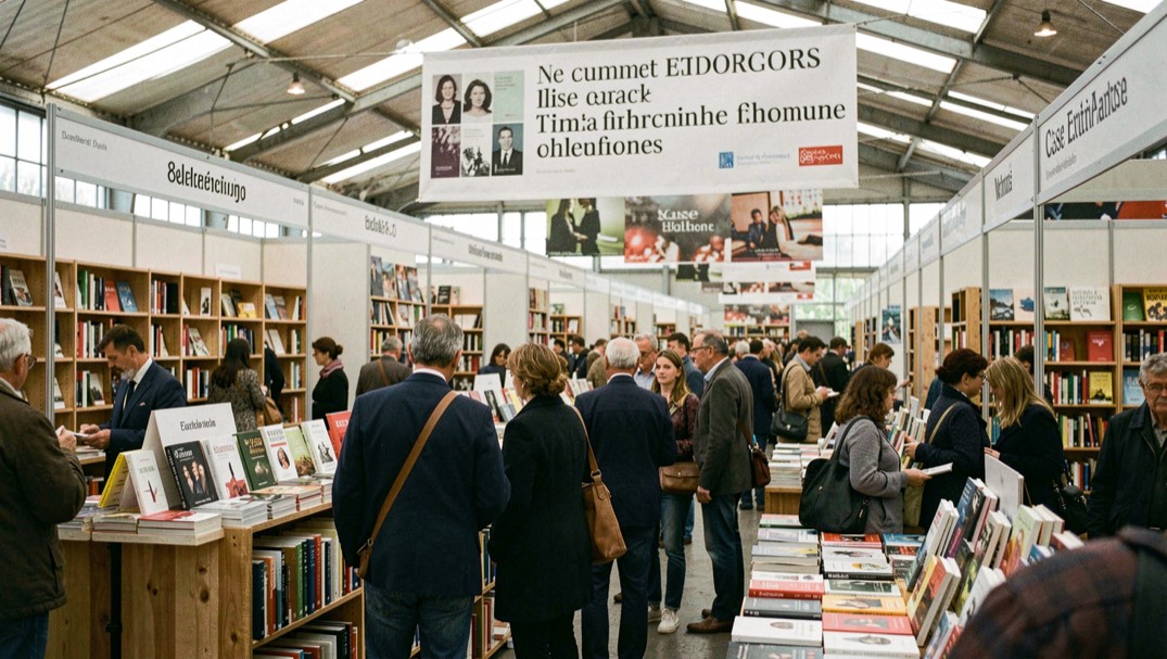 Visitatori con borsa in spalla tra i banchi di case editrici in un padiglione di fiera luminoso con striscioni delle collane